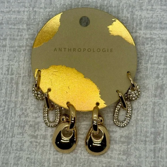NWT Anthropologie Gold Plated Glam Rock Huggie Hoop Earrings, Set of 3 - Picture 4 of 4